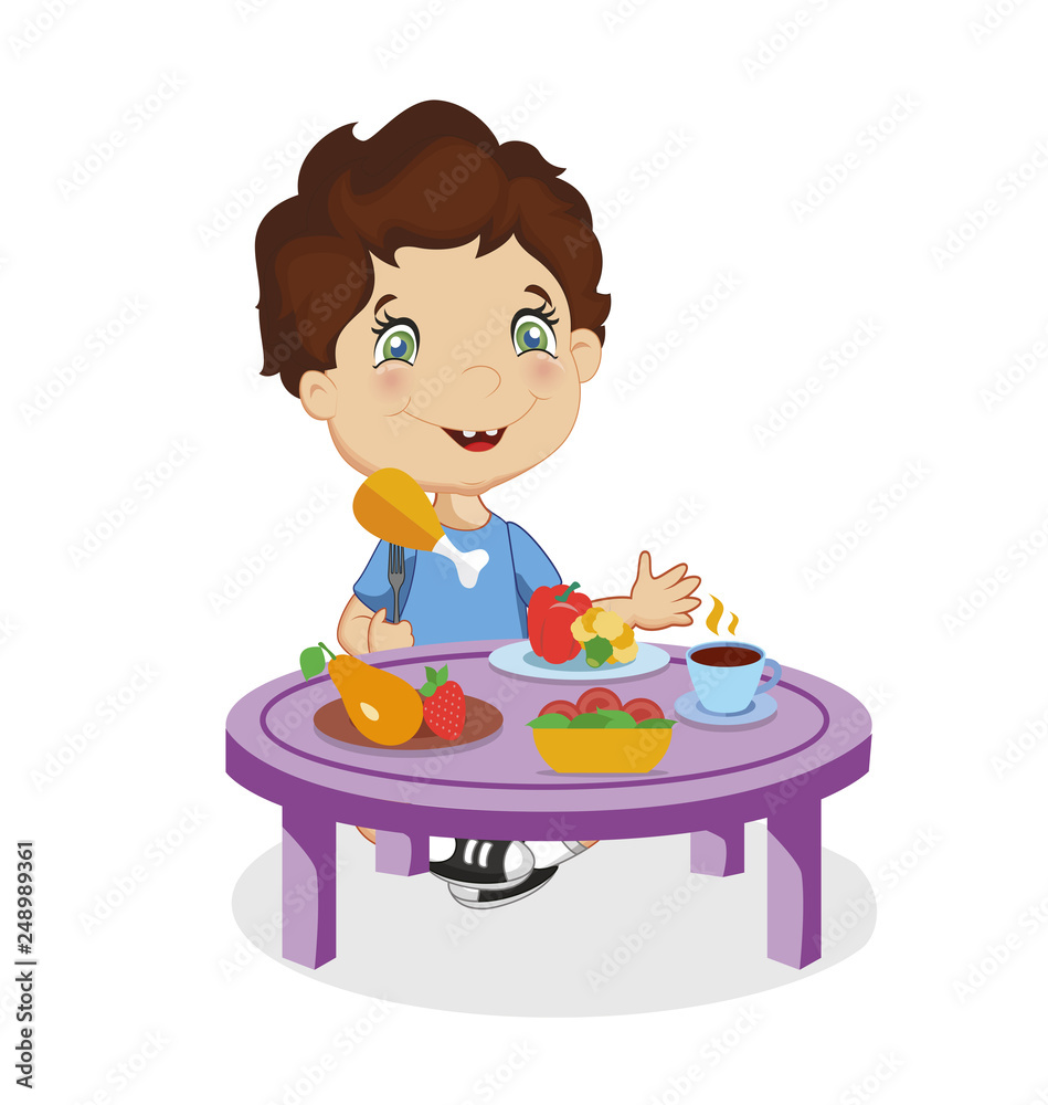 Cute Smiling Cartoon Boy Eat Chiken at Table Cute Smiling Cartoon Boy Eat Chiken at Table