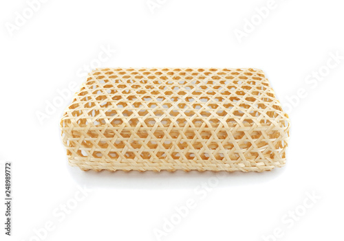 beautiful natural wicker basket,  isolated bamboo basket set on white background, natural packaging design by weaved bamboo, closing of handmade slight packaging on white background