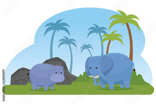 hippopotamus and elephant wild animals with palms