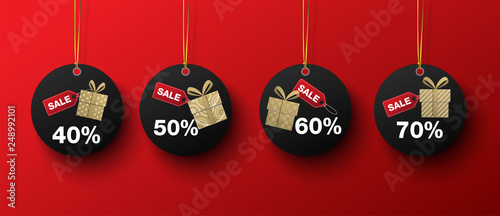 black label shopping gold gift sale on red background. photo