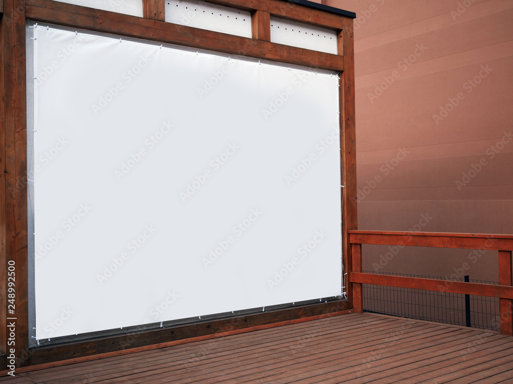 Signboard billboard view of empty white mock up, mock-up signage in a wooden frame with warm colors, wall background, display panel exterior Signboard billboard view of empty white mock up, mock-up signage in a wooden frame with warm colors, wall background, display panel exterior