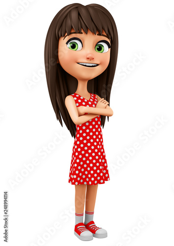 Cartoon character girl in red on a white background. 3d rendering illustration.