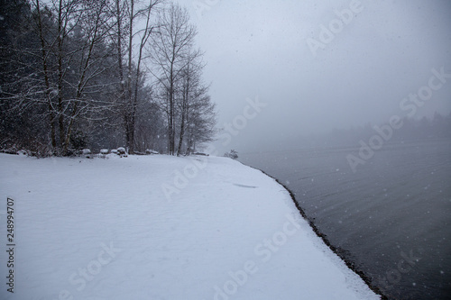 A view down the Fraser River during a snow storm