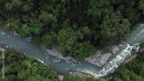 Aerial drone footage high above the rainforest canopy and Landak River in Bukit Lawang. Sequence 5 photo