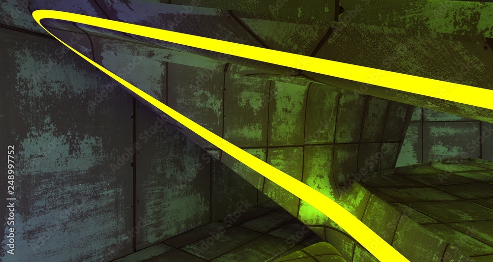 Abstract  Concrete Futuristic Sci-Fi interior With Violet And Green Glowing Neon Tubes . 3D illustration and rendering.