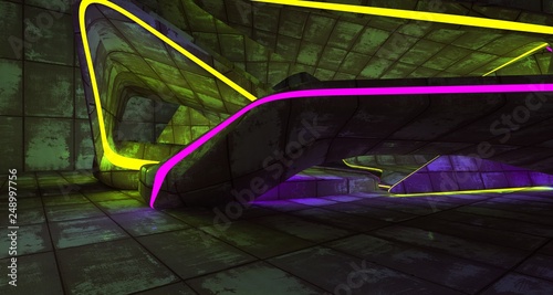 Abstract Concrete Futuristic Sci-Fi interior With Violet And Green Glowing Neon Tubes . 3D illustration and rendering.
