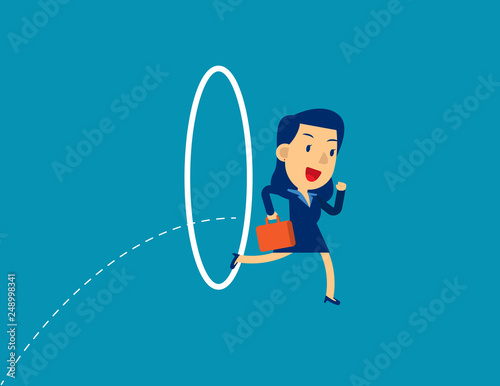 Businesswoman jumping through hoop. Concept business vector illustration, Effort, Circle.
