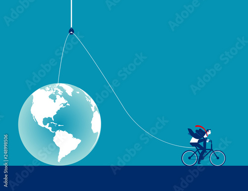 Businessman lifting globe on pulley rope. Concept business vector illustration, Working, Leader