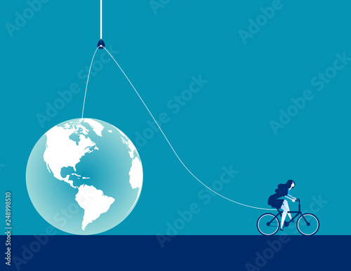 Businesswoman lifting globe on pulley rope. Concept business vector illustration, Working, Leader