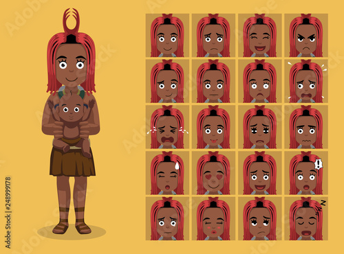 African Tribe Clothes Female Himba Cartoon Emoticon Faces Vector Illustration