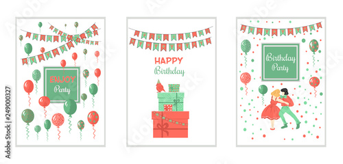 Set Happy birthday greeting card and party invitation templates  with FOIL BALLOONS .in living coral and Neo mint colour
