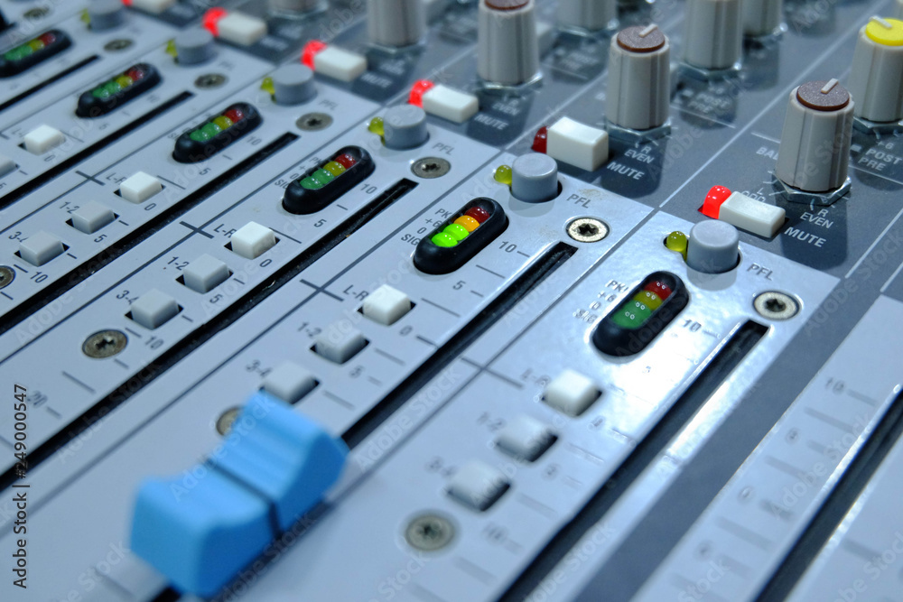 Chiang rai, Thailand - September 20, 2018: mixing console, .Professional audio mixing console with faders and adjusting knobs - radio / TV broadcasting