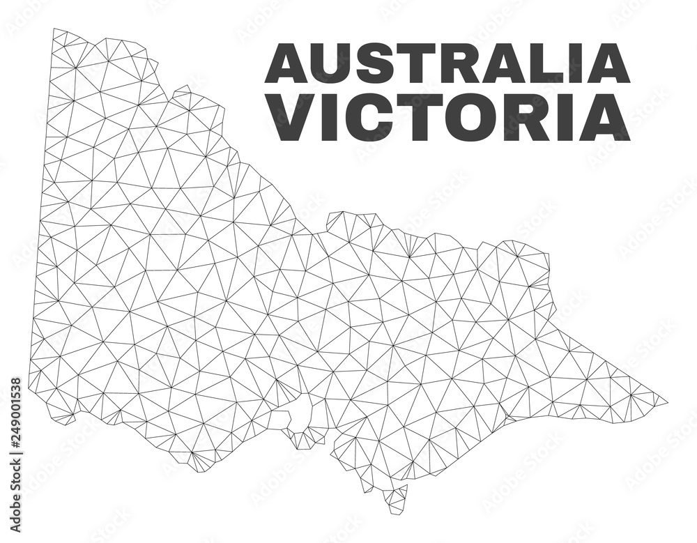Abstract Australian Victoria map isolated on a white background. Triangular mesh model in black color of Australian Victoria map. Polygonal geographic scheme designed for political illustrations.