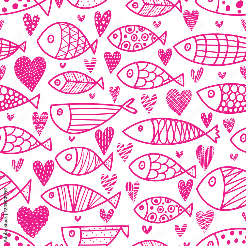 Pink fish and hearts. Can be used in textile industry, paper, background, scrapbooking.