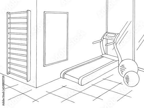 Gym interior graphic black white sketch illustration vector