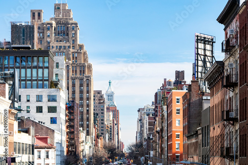 View of the historic buildings along 14th Street in the Meatpacking district of Chelsea in New York City
