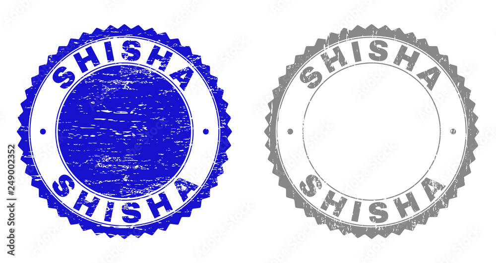 Grunge SHISHA stamp seals isolated on a white background. Rosette seals with grunge texture in blue and gray colors. Vector rubber stamp imitation of SHISHA title inside round rosette.