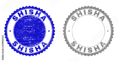 Grunge SHISHA stamp seals isolated on a white background. Rosette seals with grunge texture in blue and gray colors. Vector rubber stamp imitation of SHISHA title inside round rosette.