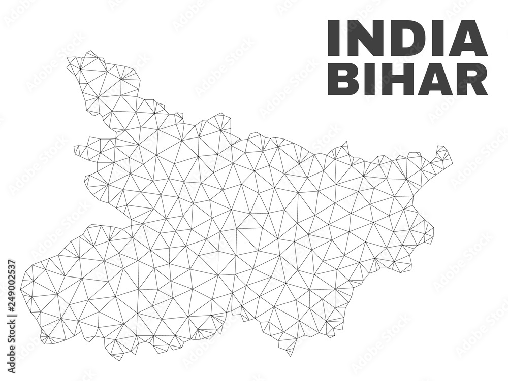 Abstract Bihar State map isolated on a white background. Triangular mesh model in black color of Bihar State map. Polygonal geographic scheme designed for political illustrations. Abstract Bihar State map isolated on a white background. Triangular mesh model in black color of Bihar State map. Polygonal geographic scheme designed for political illustrations.