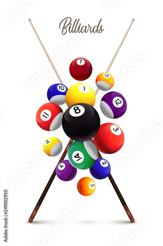 Billiards poster template. Different falling billiard balls and two crossed cues on white background. Vector billiard illustration.