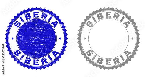 Grunge SIBERIA stamp seals isolated on a white background. Rosette seals with grunge texture in blue and gray colors. Vector rubber watermark of SIBERIA text inside round rosette.