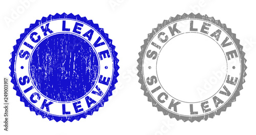 Grunge SICK LEAVE stamp seals isolated on a white background. Rosette seals with distress texture in blue and grey colors. Vector rubber overlay of SICK LEAVE label inside round rosette.