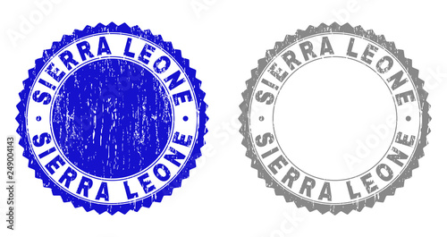 Grunge SIERRA LEONE stamp seals isolated on a white background. Rosette seals with grunge texture in blue and gray colors. Vector rubber overlay of SIERRA LEONE caption inside round rosette. photo