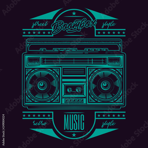 Vector label with cassette recorder. Original vector illustration