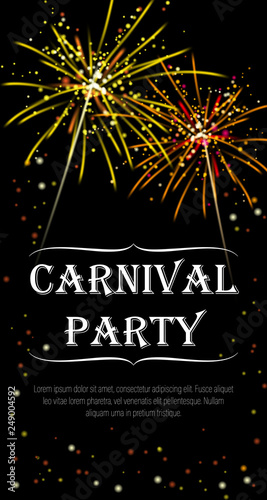 Carnival paery flyer with realistic yellow and orange firecracker.