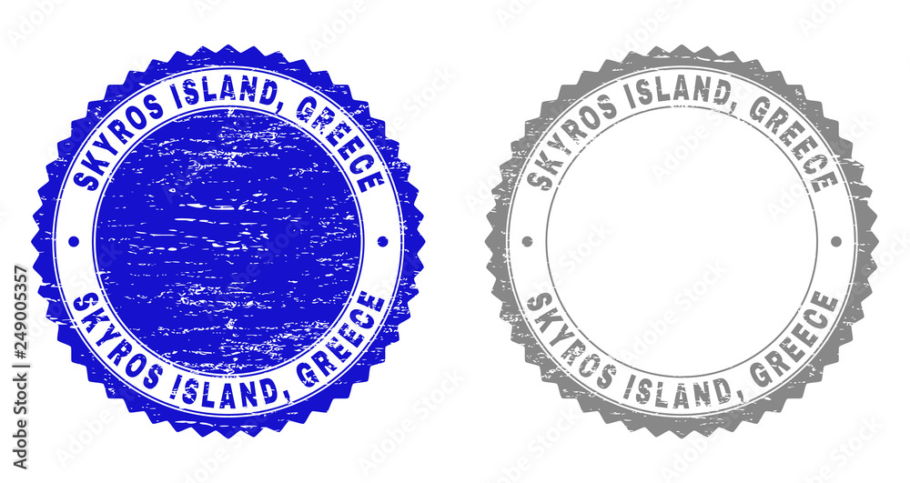 Obraz premium Grunge SKYROS ISLAND, GREECE stamp seals isolated on a white background. Rosette seals with grunge texture in blue and gray colors. Vector rubber stamp imprint of SKYROS ISLAND,