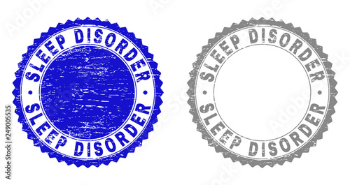 Grunge SLEEP DISORDER stamp seals isolated on a white background. Rosette seals with distress texture in blue and grey colors.