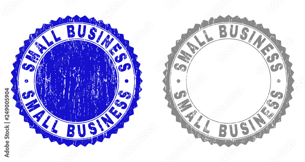 Obraz premium Grunge SMALL BUSINESS stamp seals isolated on a white background. Rosette seals with distress texture in blue and gray colors.