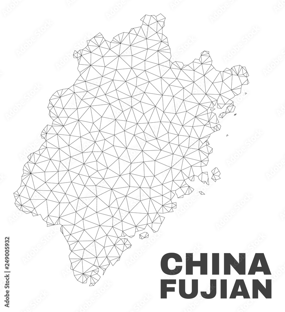 Abstract Fujian Province map isolated on a white background. Triangular mesh model in black color of Fujian Province map. Polygonal geographic scheme designed for political illustrations.