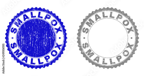 Grunge SMALLPOX stamp seals isolated on a white background. Rosette seals with distress texture in blue and gray colors. Vector rubber overlay of SMALLPOX label inside round rosette.