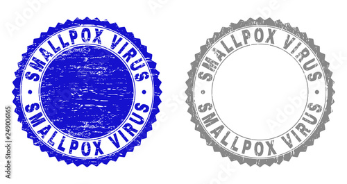 Grunge SMALLPOX VIRUS stamp seals isolated on a white background. Rosette seals with distress texture in blue and gray colors. Vector rubber stamp imprint of SMALLPOX VIRUS tag inside round rosette.