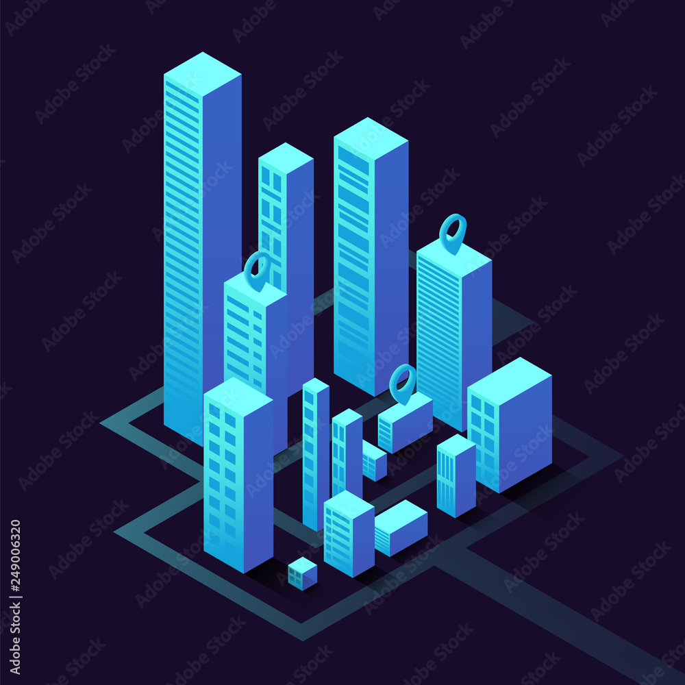 Isometric illustration with buildings. Commercial real estate for your business. Graphic concept for your design.