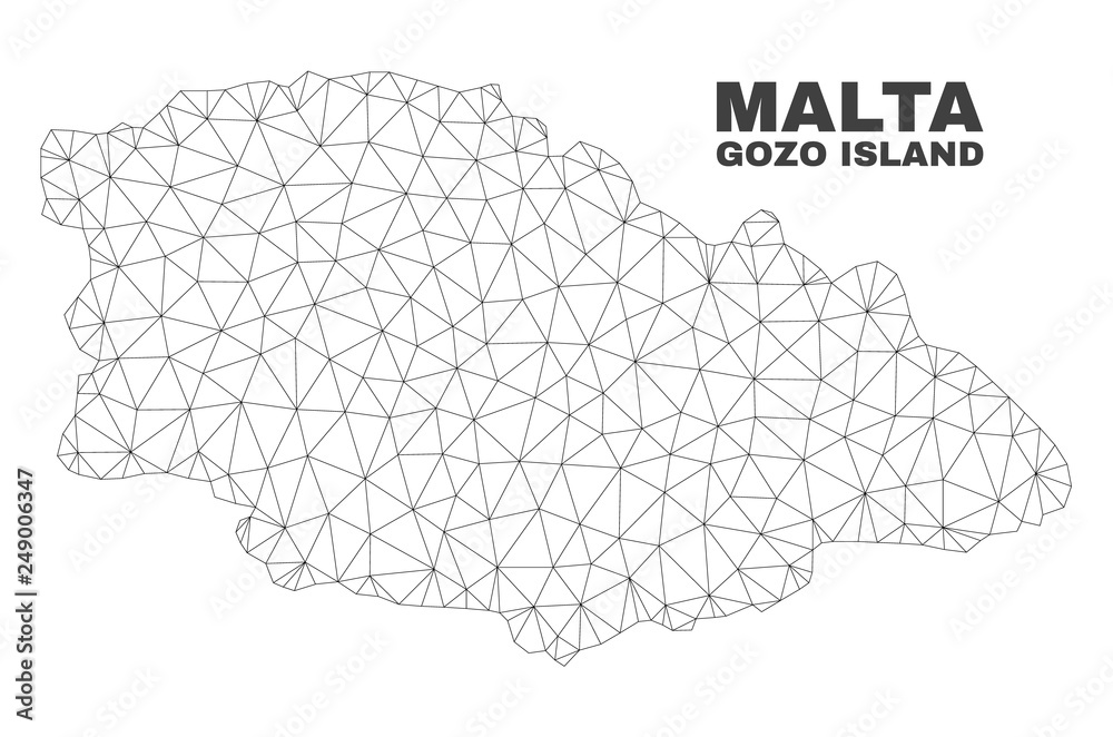 Abstract Gozo Island map isolated on a white background. Triangular mesh model in black color of Gozo Island map. Polygonal geographic scheme designed for political illustrations.