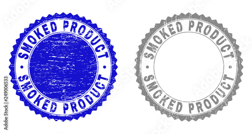 Grunge SMOKED PRODUCT stamp seals isolated on a white background. Rosette seals with grunge texture in blue and grey colors. Vector rubber overlay of SMOKED PRODUCT label inside round rosette.