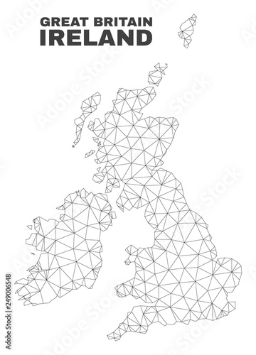 Abstract Great Britain and Ireland map isolated on a white background. Triangular mesh model in black color of Great Britain and Ireland map.