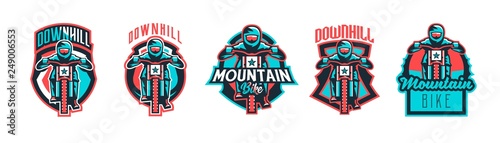 Set of emblems cyclist on a mountain bike. Sport bike logo. Sport bicycle, racer, jump, downhill, mtb, bmx, race, extreme. Colorful collection, vector illustration