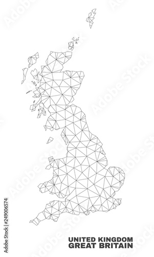 Abstract Great Britain map isolated on a white background. Triangular mesh model in black color of Great Britain map. Polygonal geographic scheme designed for political illustrations.