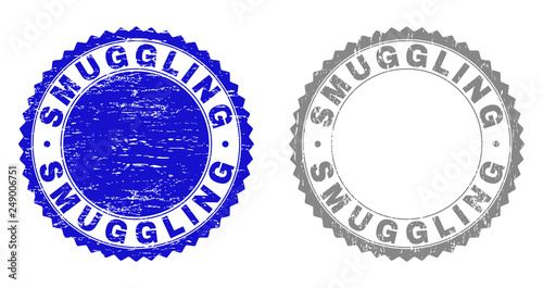 Grunge SMUGGLING stamp seals isolated on a white background. Rosette seals with grunge texture in blue and grey colors. Vector rubber stamp imitation of SMUGGLING label inside round rosette.