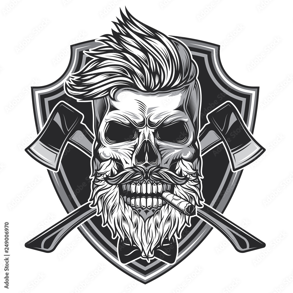 Monochrome vector illustration of a lumberjack skull with axes on a background, in vintage style. T-shirt or sticker design