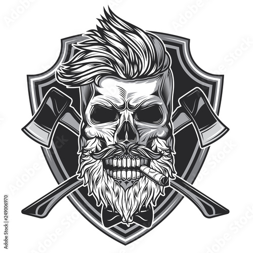 Monochrome vector illustration of a lumberjack skull with axes on a background, in vintage style. T-shirt or sticker design