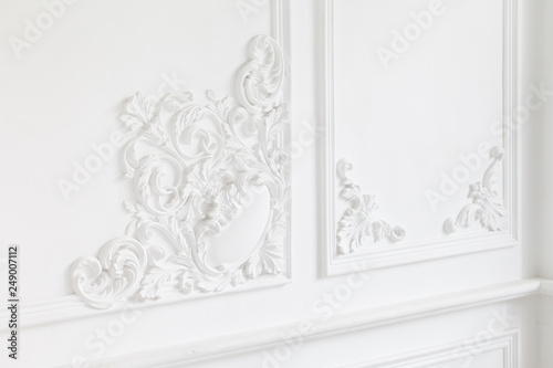 Beautiful ornate white decorative plaster mouldings in studio. The white wall is decorated with exquisite elements of plaster stucco