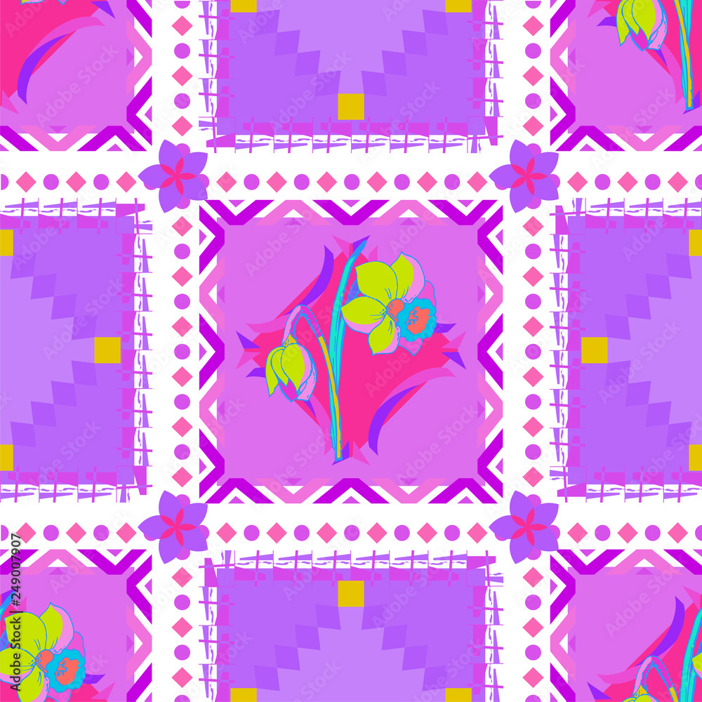 Seamless checkered pattern of bright neon hues with narcissus flowers. Modern background for your design in rich colors with floral elements.