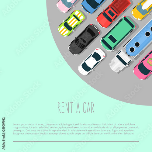 Car rent vector illustration. Choosing the best car for transportation banner, poster, brochure, flyer. Advertisement of ordering car. Different vehicles for rent. Truck, sports car. photo