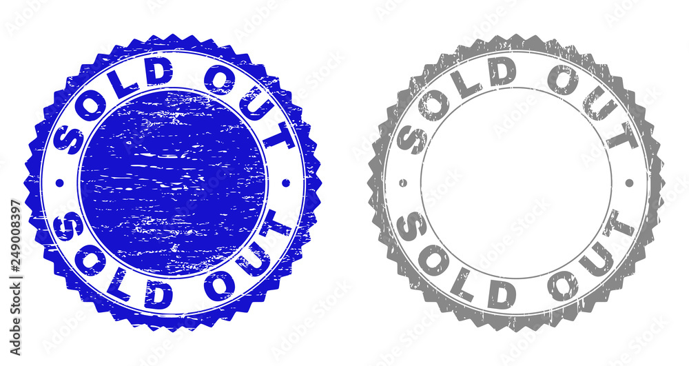 Grunge SOLD OUT stamp seals isolated on a white background. Rosette seals with grunge texture in blue and grey colors. Vector rubber stamp imprint of SOLD OUT title inside round rosette. Grunge SOLD OUT stamp seals isolated on a white background. Rosette seals with grunge texture in blue and grey colors. Vector rubber stamp imprint of SOLD OUT title inside round rosette.