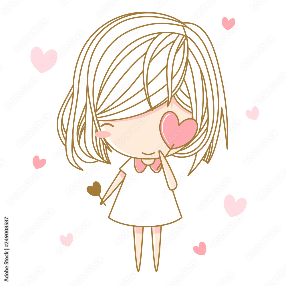 Cute little girl holding heart isolated with white background. Vector illustration, character design Cute little girl holding heart isolated with white background. Vector illustration, character design