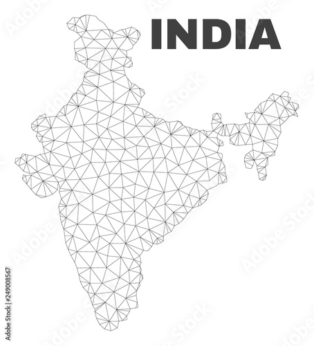 Abstract India map isolated on a white background. Triangular mesh model in black color of India map. Polygonal geographic scheme designed for political illustrations.